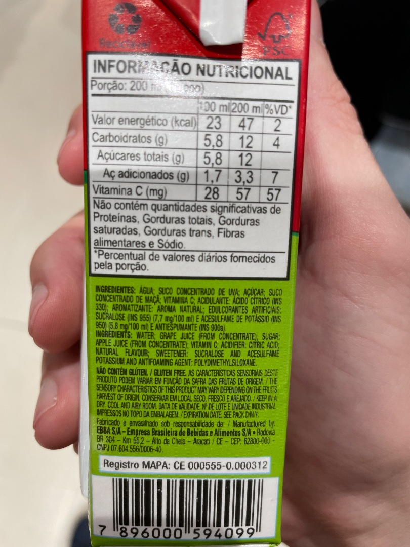 Bebida de Suco Concentrado de Uva e Maçã com Adoçantes